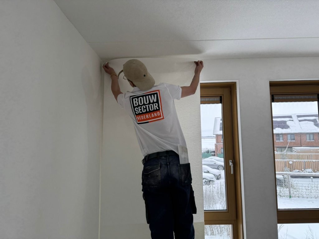 Vakman van Bouwsector Nederland drukt de bovenkant van een baan renovlies aan tegen het plafond